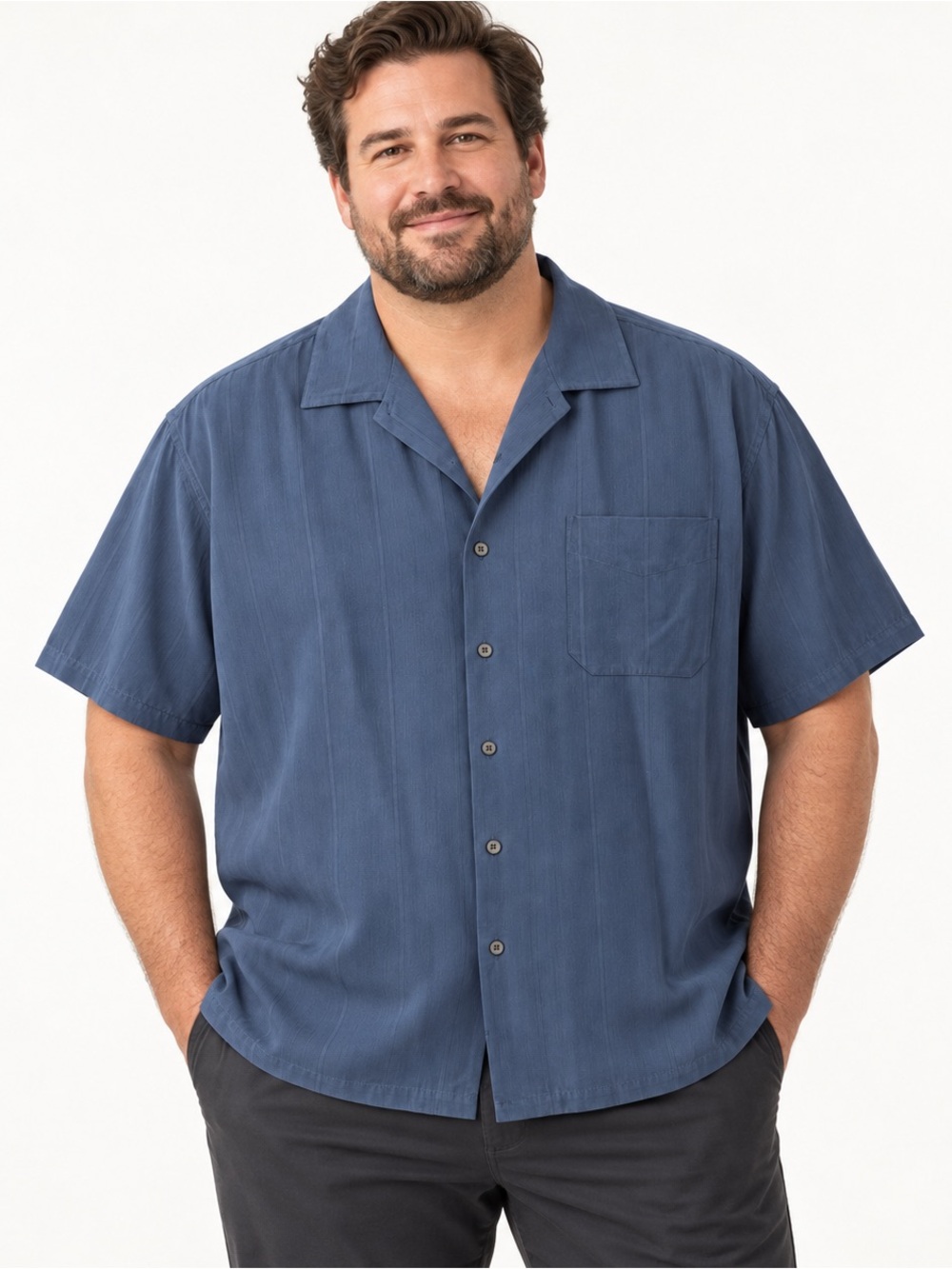 Pronto Uomo Men’s XL 100% Silk Slate Blue Camp Collar Shirt